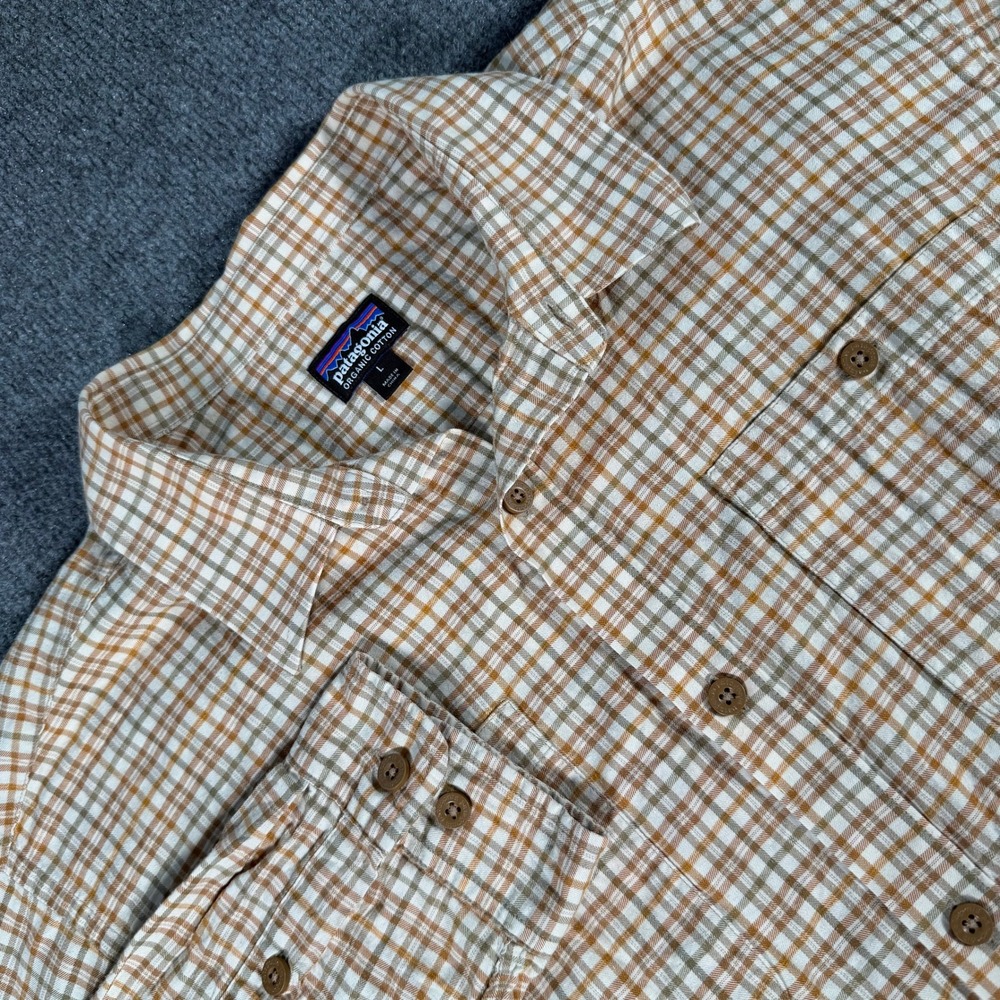 Patagonia Mens Organic Cotton Plaid Button Down Shirt Orange Brown 53837 L #4683